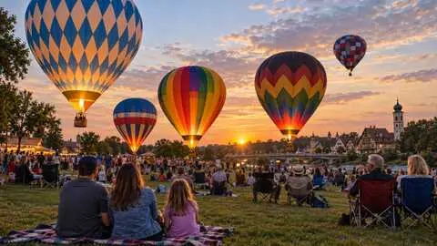 Hot air balloons glowing over a Frankenmuth festival field at sunset.