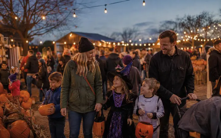 Families enjoying a friendly fall Halloween event with pumpkins and warm lights